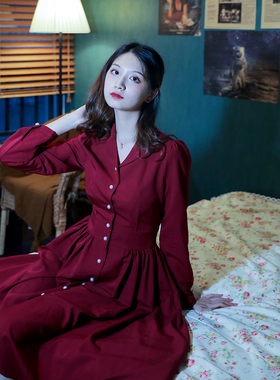 法式少女复古红色连衣裙赫本风长袖小红裙收腰显瘦大摆裙子春秋季