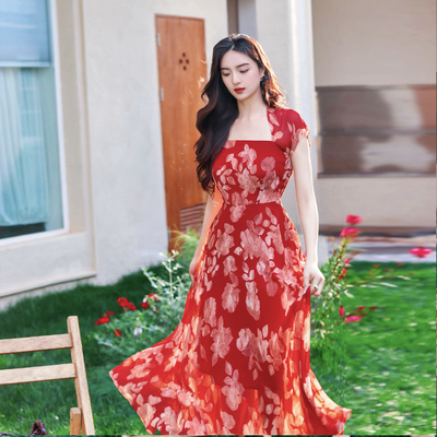 法式气质露背设计方领雪纺连衣裙