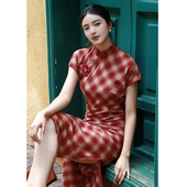JUJU定制新中式 连衣裙淑女文艺旗袍女夏 国风复古改良旗袍格纹短袖