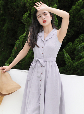 复古格子V领无袖衬衫裙 收腰显瘦知性连衣裙紫色女大摆伞裙夏新款