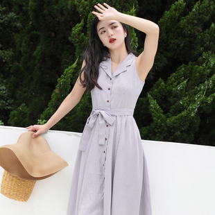 复古格子V领无袖衬衫裙 收腰显瘦知性连衣裙紫色女大摆伞裙夏新款