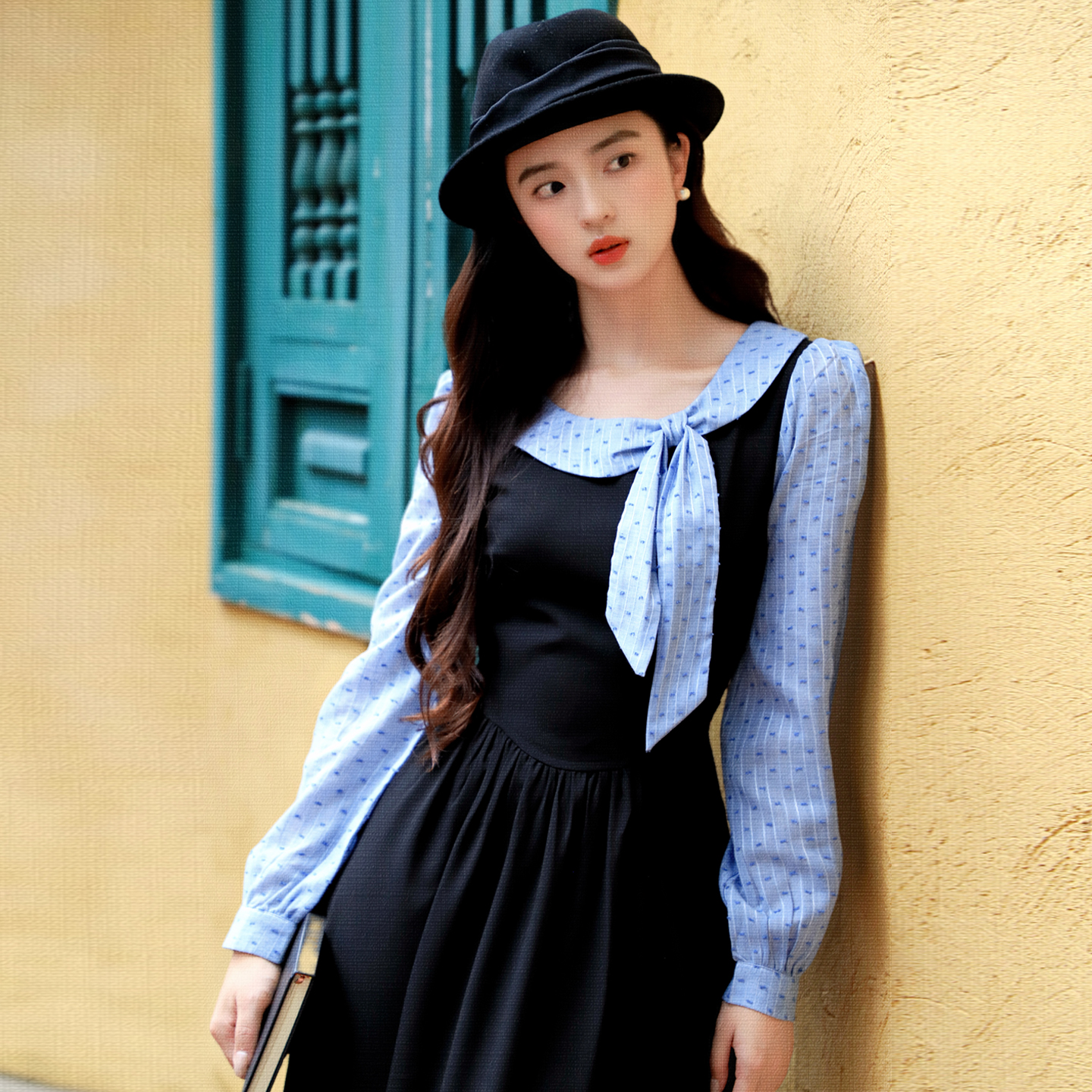 蝴蝶结假两件衬衫连衣裙通勤穿搭