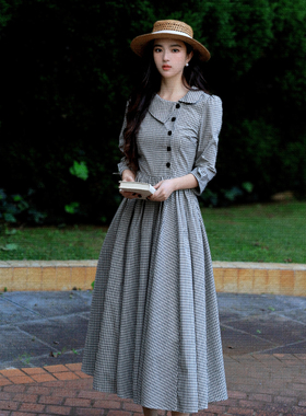 JUJU定制赫本风格子连衣裙女秋季复古高级感裙子长袖大摆裙春秋