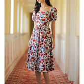 JUJU定制高级感印花裙子收腰显瘦气质方领法式 碎花连衣裙夏季 女