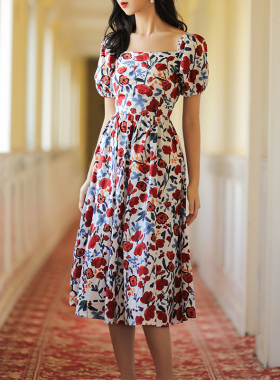 JUJU定制高级感印花裙子收腰显瘦气质方领法式碎花连衣裙夏季女