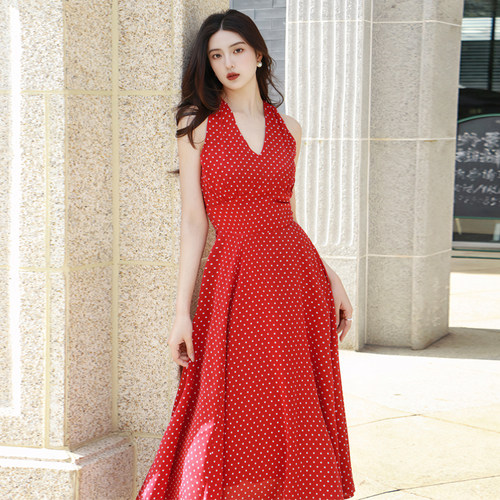 无袖小露背V领胸垫款茶歇碎花裙