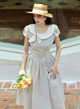 JUJU定制法式复古娃娃领短袖连衣裙显瘦气质赫本风大摆裙清新少女