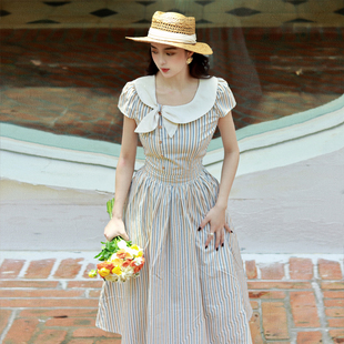 JUJU定制法式复古娃娃领短袖连衣裙显瘦气质赫本风大摆裙清新少女