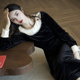 秋冬季 淑女连衣裙收腰显瘦复古宫延风黑色丝绒中长裙气质礼服 新款