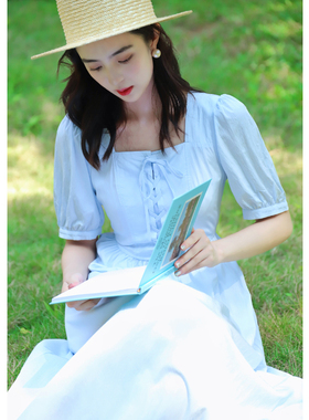 JUJU定制法式复古方领短袖裙子清新蓝色绑带连衣裙商场同款夏季女