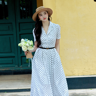 JUJU定制法式复古黑色波点连衣裙气质西装领收腰显瘦港风衬衫裙女