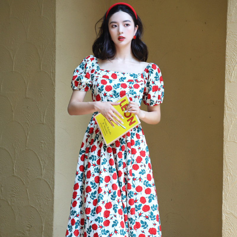 JUJU定制法式复古茶歇连衣裙高级感方领短袖碎花裙子气质女夏季