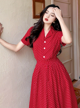 JUJU定制法式复古红色波点连衣裙西装领港风大摆裙收腰短袖裙女夏