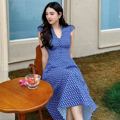 意式复古立领V领蓝色碎花连衣裙