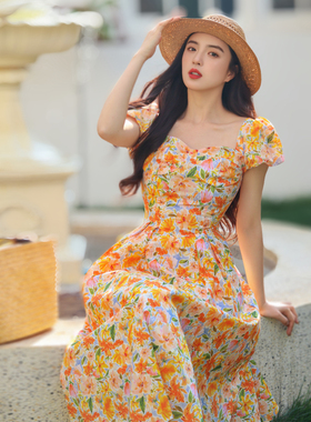juju定制繁花大摆中长款印花连衣裙法式复古方领泡泡袖碎花度假裙