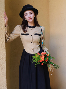 juju定制欧洲站名媛小香风拼接连衣裙法式气质衬衫长裙女秋季新款