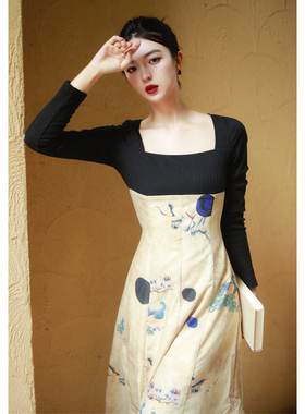 juju定制秋冬连衣裙收腰显瘦方领针织弹力长袖女气质国风中长裙子