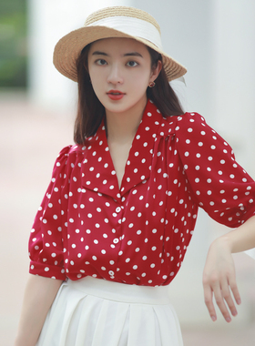 JUJU定制复古港风红色波点短袖上衣西装领雪纺衬衫女休闲百搭夏季