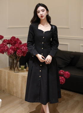 JUJU春夏法式复古方领单排扣中长款连衣裙高腰显瘦气质大摆裙女