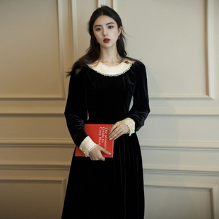秋冬季新款淑女连衣裙收腰显瘦复古宫延风黑色丝绒中长裙气质礼服