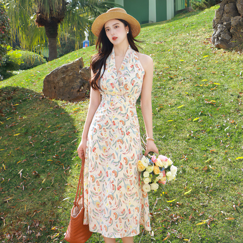 JUJU定制春夏新款浪漫复古法式优雅收腰大摆红碎花衬衫式连衣裙