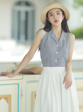 港风复古露肩上衣西装领黑白格子无袖衬衫白色A字半身裙套装女夏