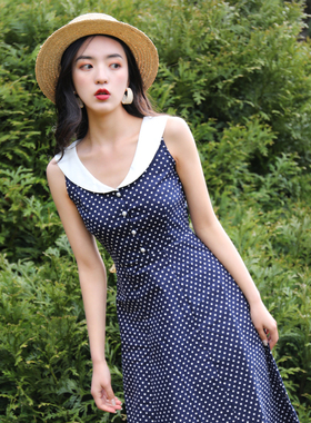 JUJU夏季女连衣裙复古法式收腰无袖温柔气质蓝色波点V领度假裙子