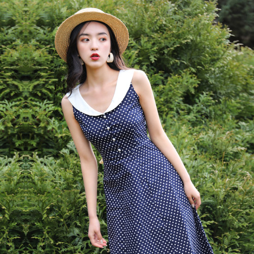 夏季女法式无袖温柔波点连衣裙