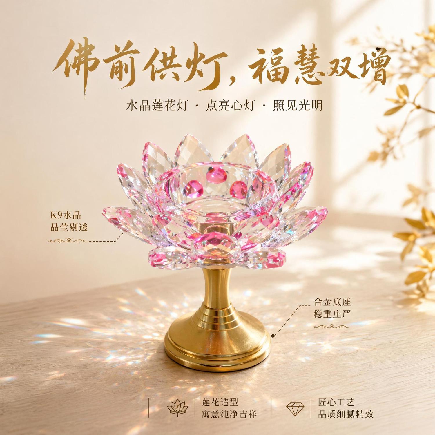 合金底座水晶莲花烛台酥油灯图片