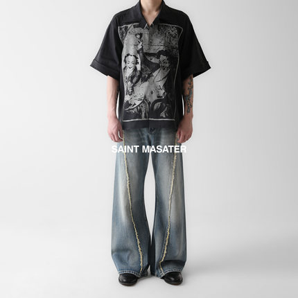 SAINT MASTER风格夏季潮流青年流行休闲印花半袖短袖衬衫