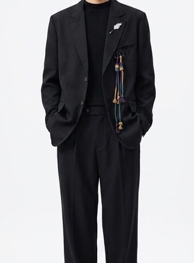 SAINT MASTER  平驳领西装男春秋黑色宽松百搭休闲西服制服