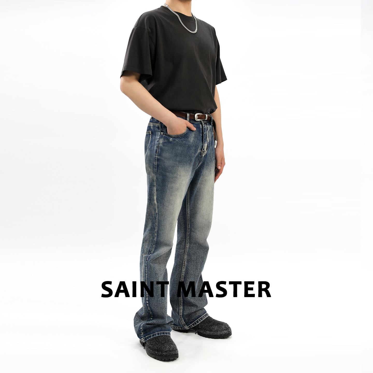 SAINTMASTER微喇苍蓝色牛仔裤