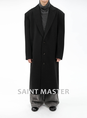 SAINT MASTER2026春季新款休闲男士长款阔肩毛呢西装戗驳领大衣