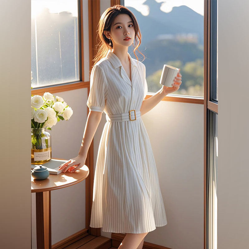 法式小个子气质白色短袖条纹连衣裙女士新款夏季洋气收腰裙子