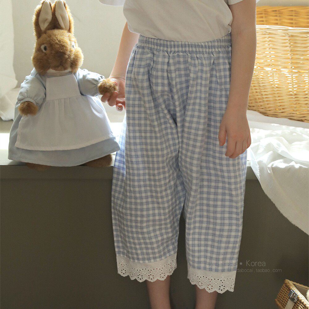 现货大卜菜bien a bien韩国童装夏女童花边阔腿蓝白格子七分裤