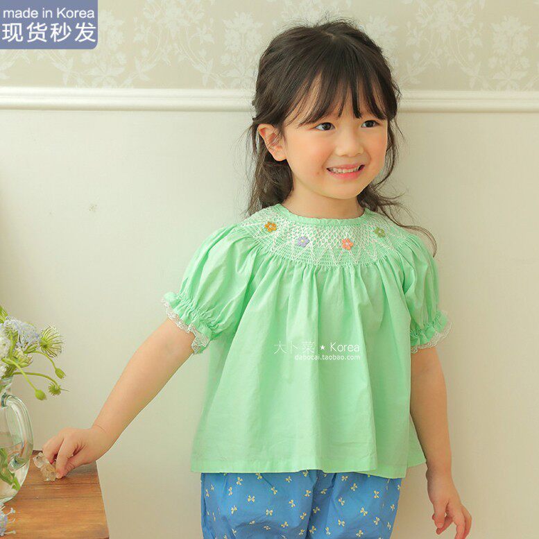 现货大卜菜AMBER韩国童装MLXXL夏小众复古刺锈泡泡袖娃娃衫衬衣