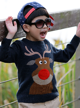 断码折扣圣诞毛衣宝宝上衣儿童可爱小鹿主题圆领毛衣