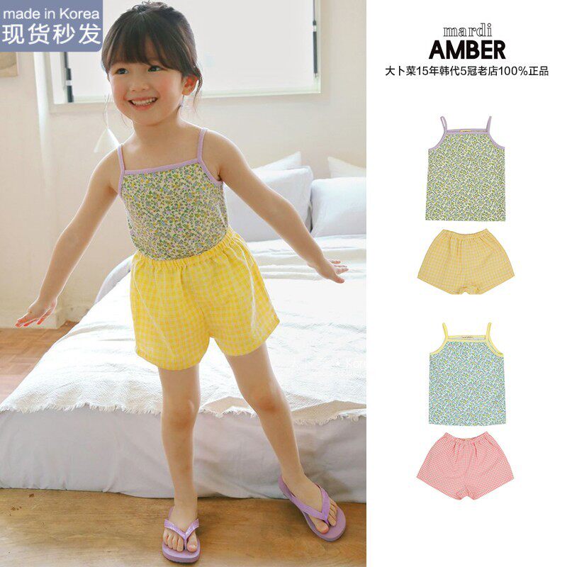 现货大卜菜 amber韩国童装女童夏季新碎花吊带格子短裤清凉套装