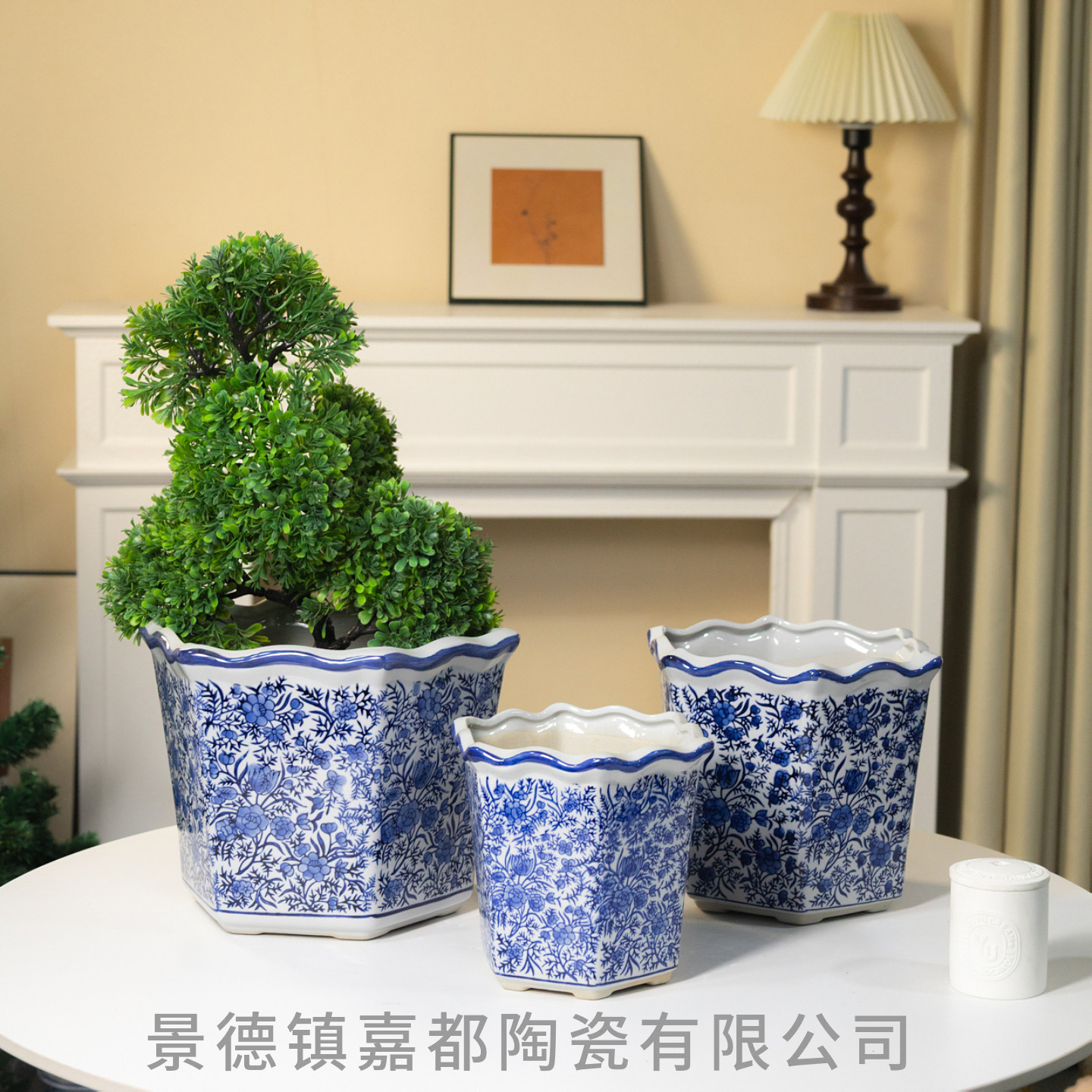 景德镇青花瓷方形波浪边花盆图片