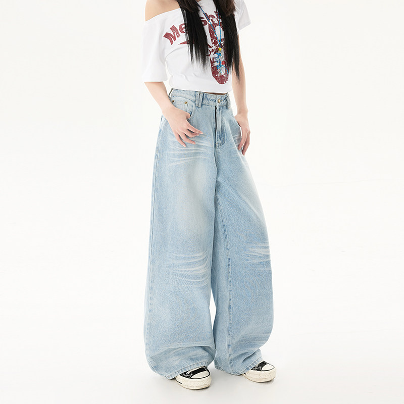 复古浅色阔腿牛仔裤女2025秋季新款高腰宽松显瘦直筒裤YD9027-P75,男装牛仔裤,星座509