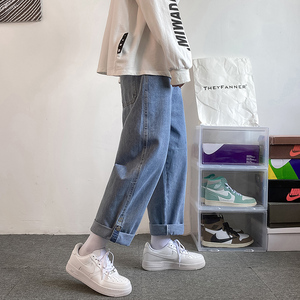 牛仔裤男宽松直筒阔腿裤子韩版潮流九分裤浅色休闲长裤YD724