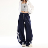 条纹抽绳黑色直筒弯刀休闲裤女松紧腰宽松显瘦阔腿裤子YD9096-P65，男装休闲裤，星座509
