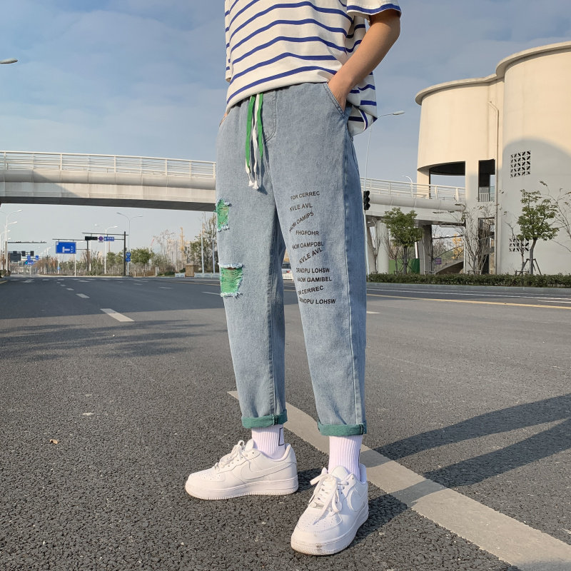 牛仔裤男直筒宽松青少年潮牌休闲长裤库高中破洞裤子K708-P40图片