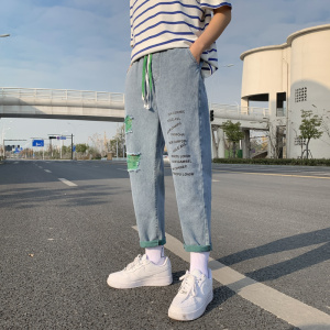 牛仔裤男直筒宽松青少年潮牌休闲长裤库高中破洞裤子K708-P40图片