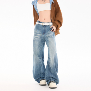 美式复古阔腿牛仔裤男女2026春季宽松显瘦阔腿弯刀长裤YD9079-P75图片