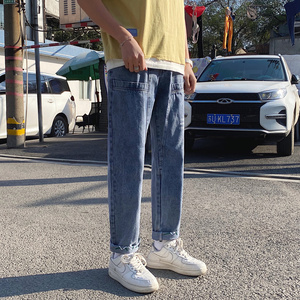 男士牛仔裤潮牌宽松直筒秋季韩版潮流九分破洞浅色长裤子图片
