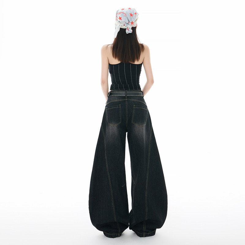 美式破洞弯刀裤女2025秋季宽松拼接高个子阔腿牛仔裤YD9007-P75,男装牛仔裤,星座509