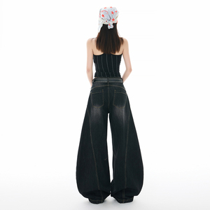 美式破洞弯刀裤女2025秋季宽松拼接高个子阔腿牛仔裤YD9007-P75图片