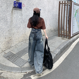 高街vibe泼墨弯刀牛仔裤男女秋季宽松破洞美式阔腿长裤YD9005-P70，男装牛仔裤，星座509