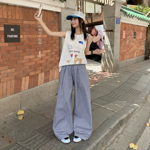 韩系多巴胺休闲格子裤男女秋季薄款宽松慵懒风阔腿长裤YD9019-P55